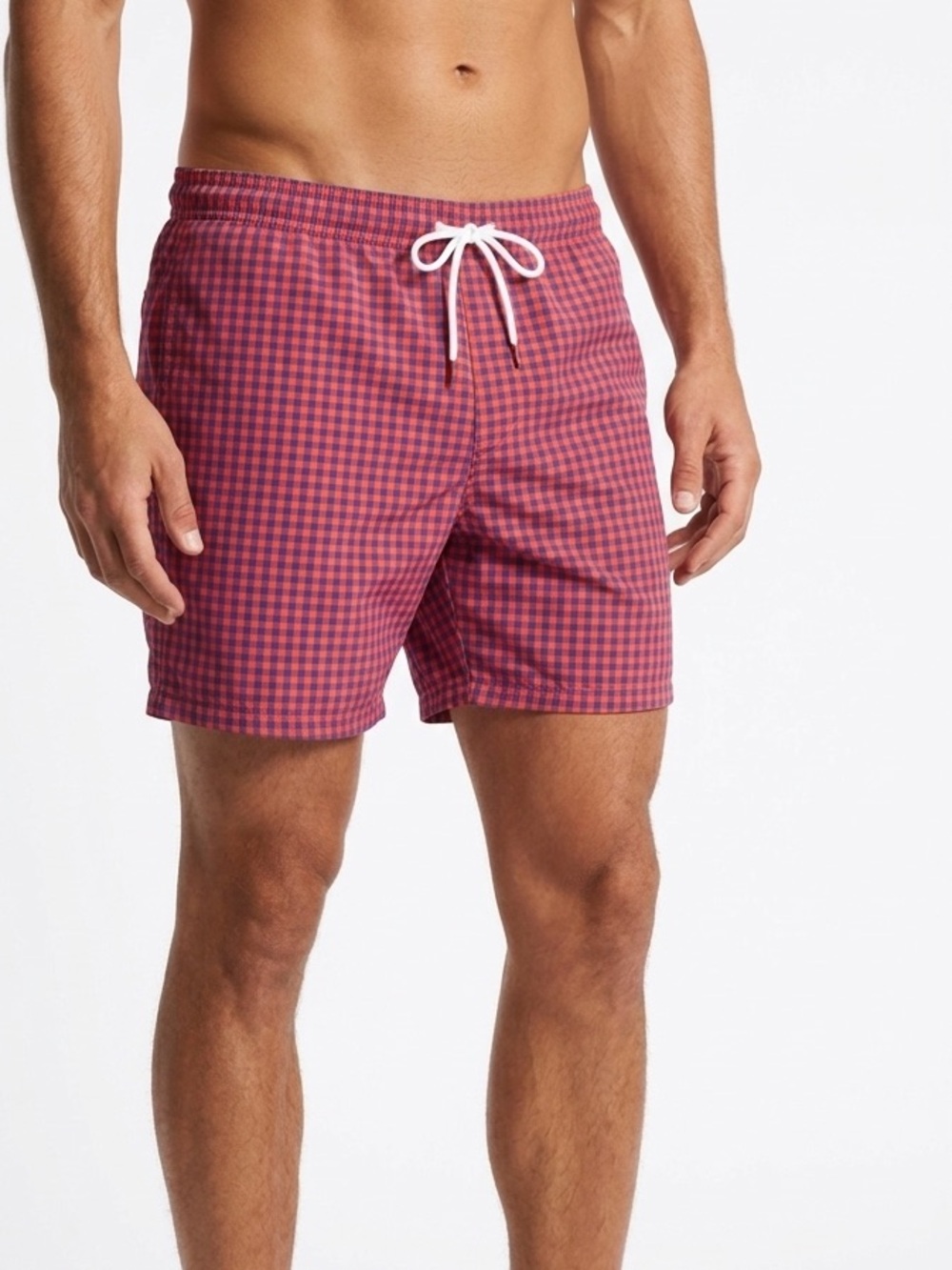BONOBOS Mens Red & Navy Blue Plaid Check Swim Shorts Trunks
